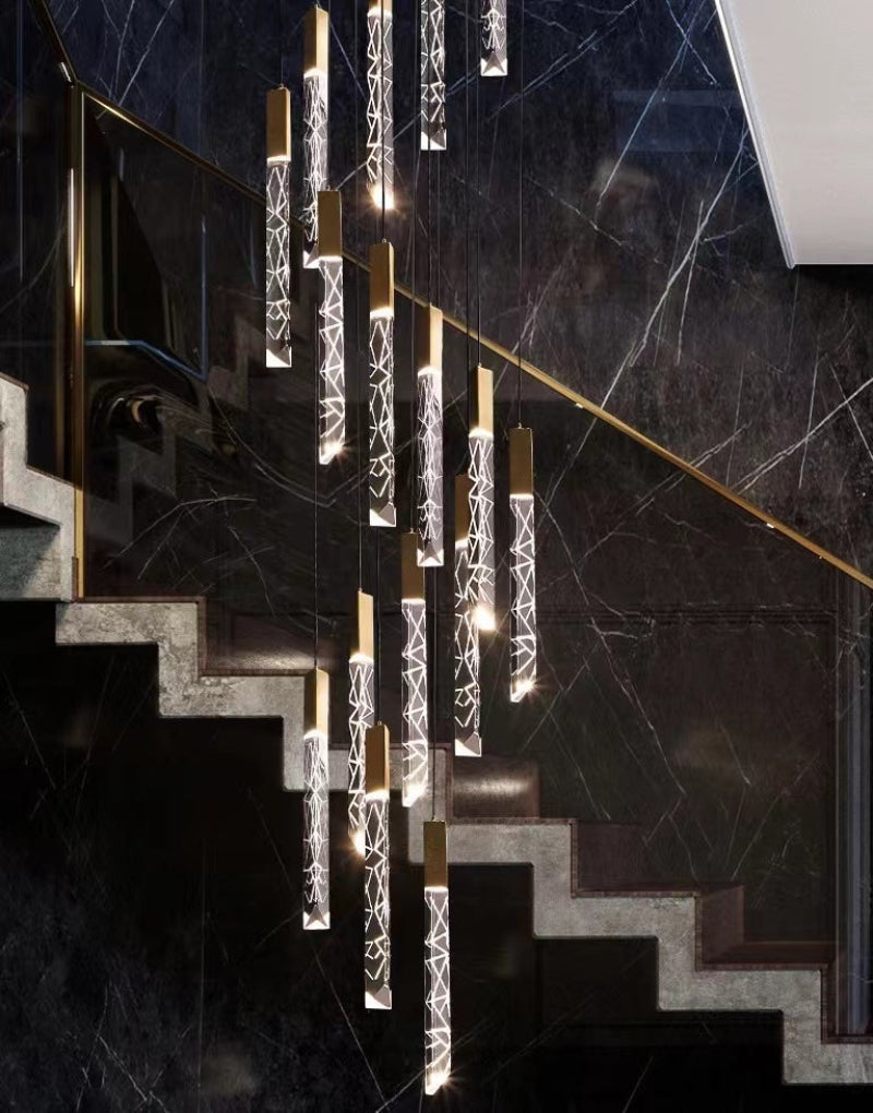 Modern LED linear K9 crystal rod chandelier lighting, gold finish for dining room foyer staircase high ceiling