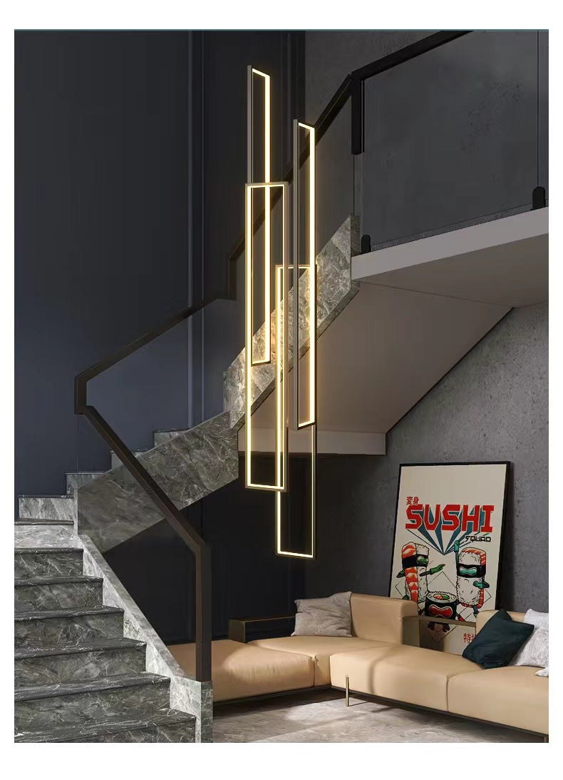 Black 4-light square aluminum pendant chandelier, dimmable LED UL certified for staircase foyer entryway