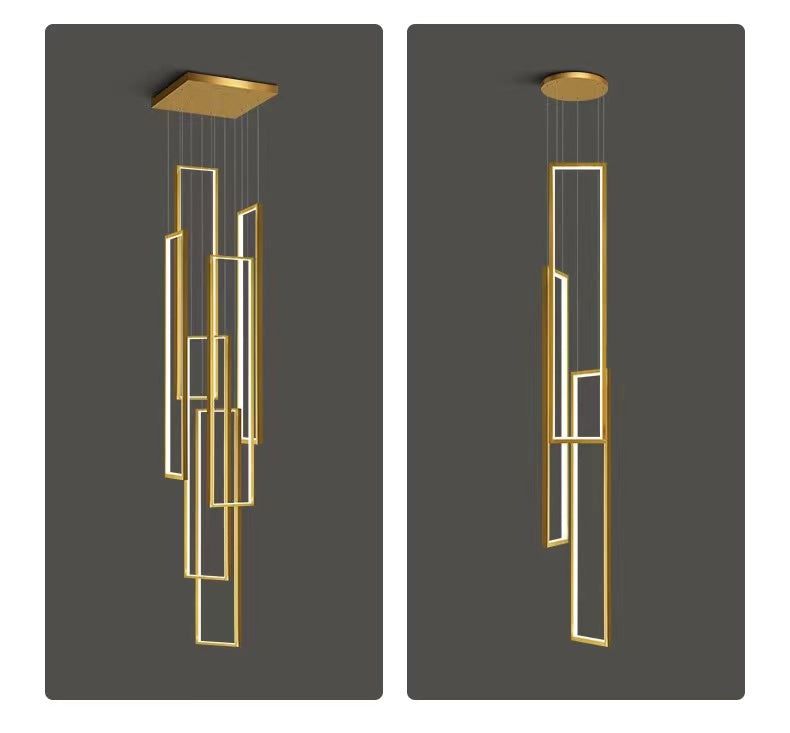 Gold aluminum square pendant chandelier, 7-light and 3-light options, dimmable LED UL certified for staircase foyer
