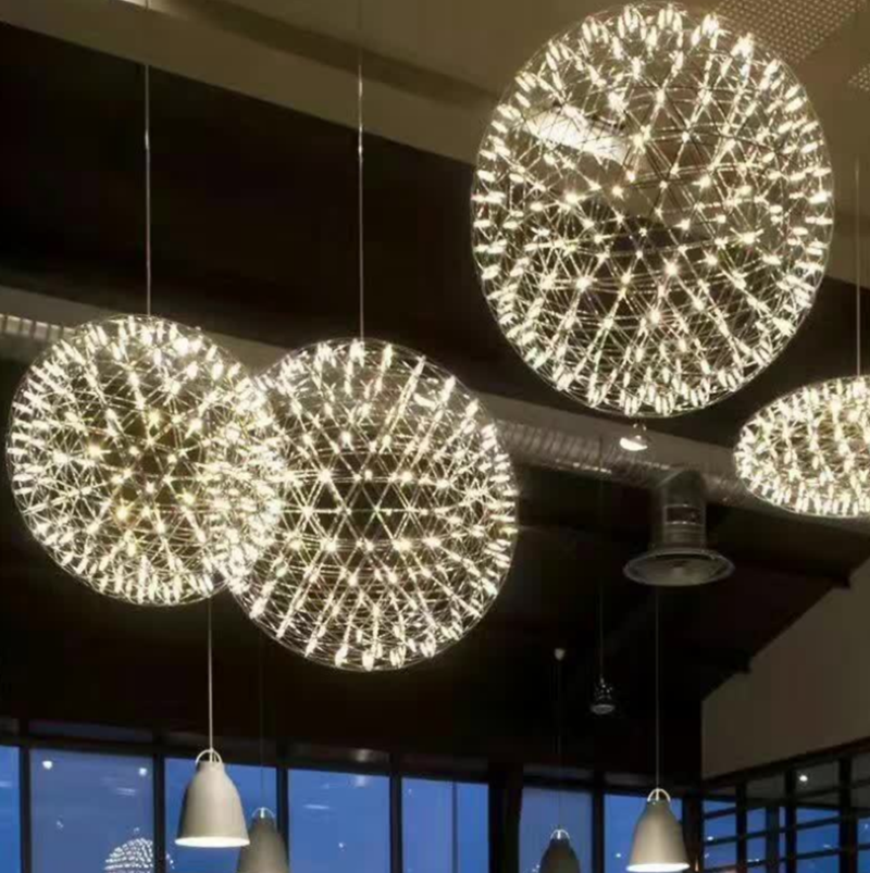 Chrome firework chandelier light, LED starburst dandelion design for dining room foyer entryway high ceiling