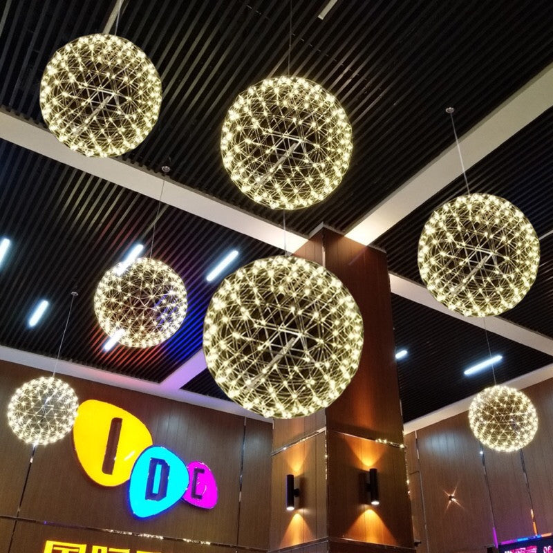 Modern chrome-plated fireworks chandelier, suitable for shopping malls, restaurants, and areas with high ceilings, featuring an LED starburst dandelion design.