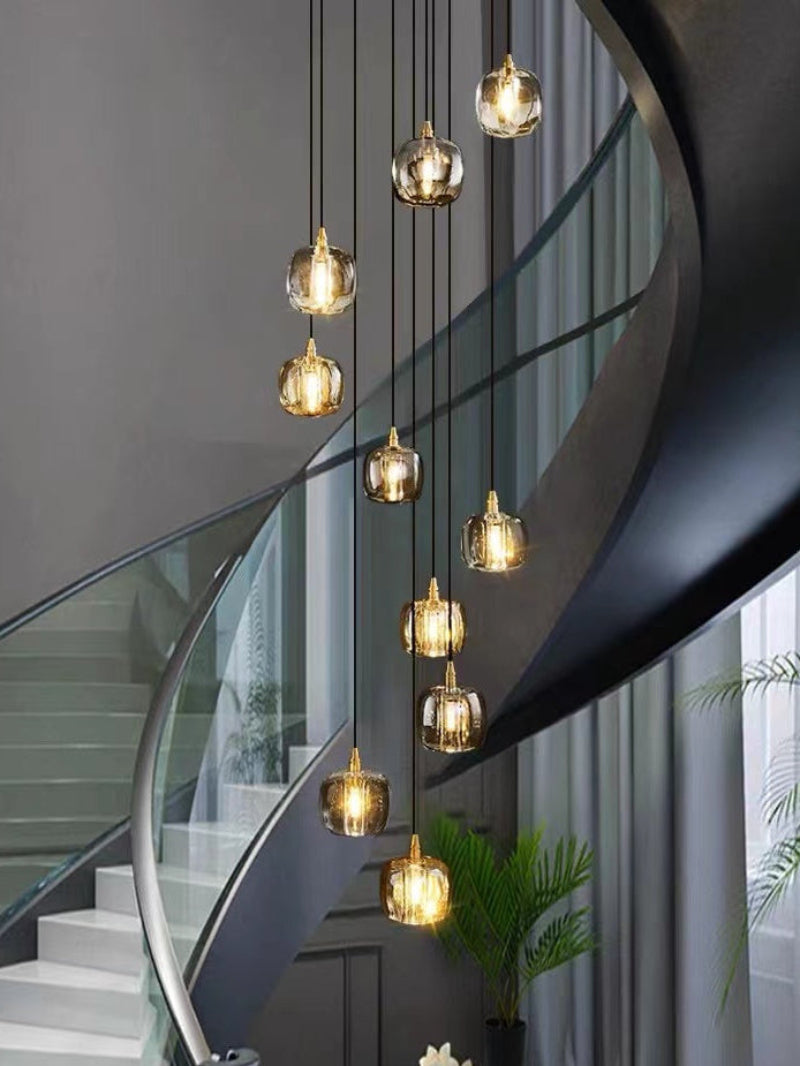 Black spiral staircase chandelier, square K9 crystal design for foyer entryway two-story high ceiling lighting