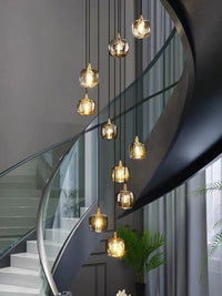 Thumbnail for Black spiral staircase chandelier, square K9 crystal design for foyer entryway two-story high ceiling lighting