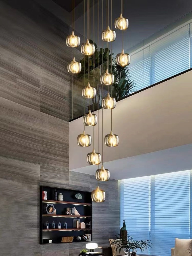 
Modern black square crystal chandelier, suitable for foyers and staircases, with a random arrangement design, ideal for high-ceilinged entrance lighting.
