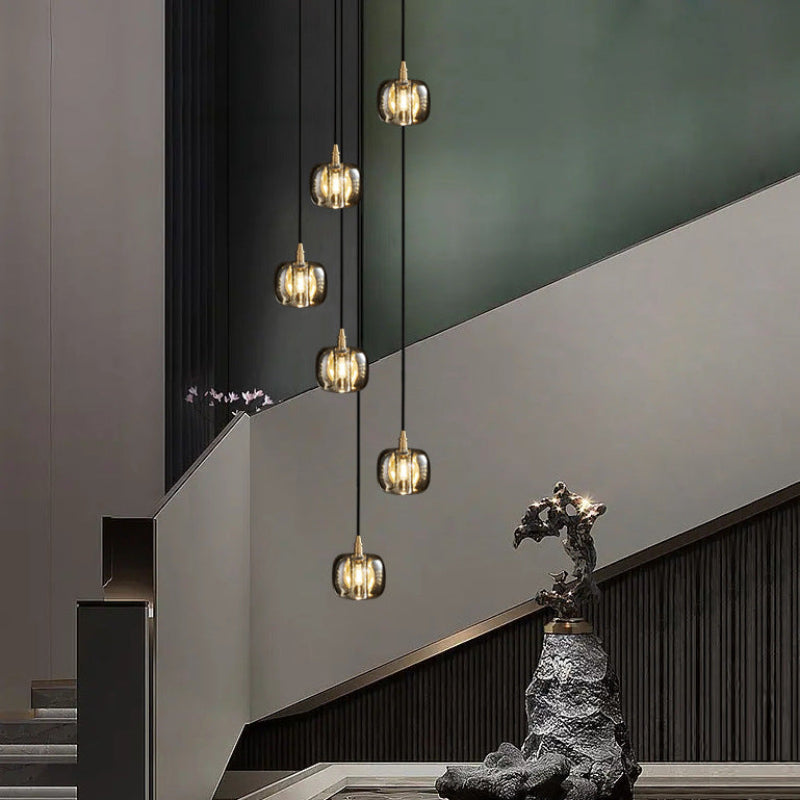 Modern black square crystal chandelier for foyer, spiral helix design for staircase high ceiling entryway lighting