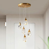 Thumbnail for Natural brass irregular crystal chandelier for dining room, raw-cut K9 prisms adjustable pendant lighting