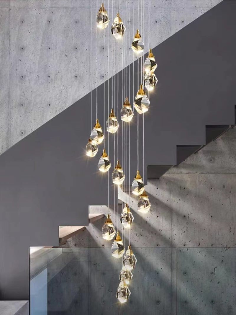 Natural brass chandelier with irregular raw-cut crystals, modern geometric prism design for foyer staircase