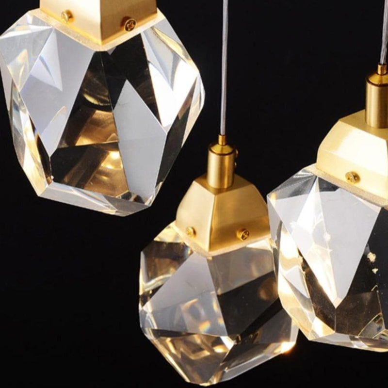 Irregular raw-cut crystal pendant lights, brass finish adjustable cluster for staircase foyer lighting