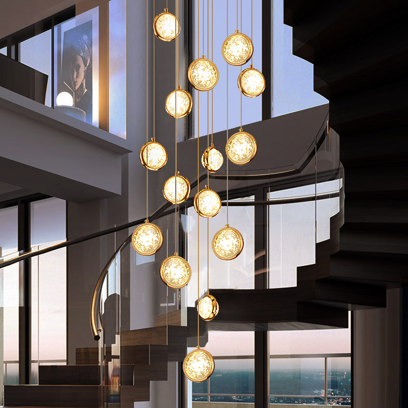 Clear glass bubble chandelier with gold finish, spiral K9 crystal balls for staircase foyer high ceiling lighting