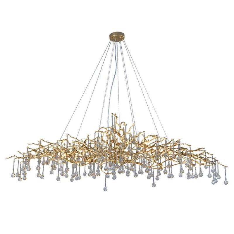 Gold branch crystal chandelier detail, hand-forged design with K9 water drop crystals for dining room entryway lighting