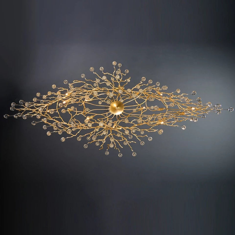 Modern gold branch crystal chandelier, hand-forged tree design with water drop crystals for dining room entryway