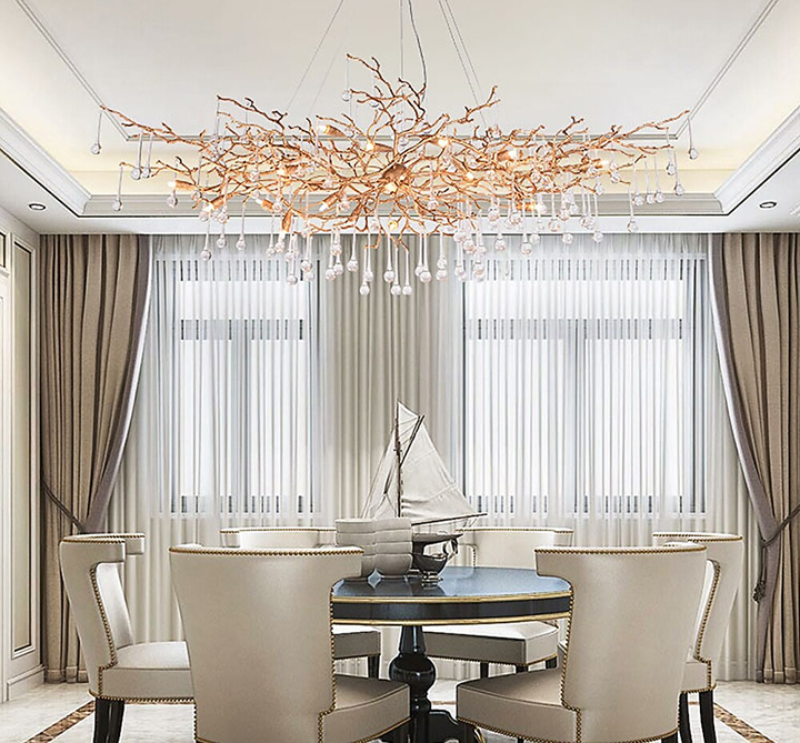 Modern gold branch chandelier, hand-forged tree design with K9 water drop crystals for dining room living room lighting