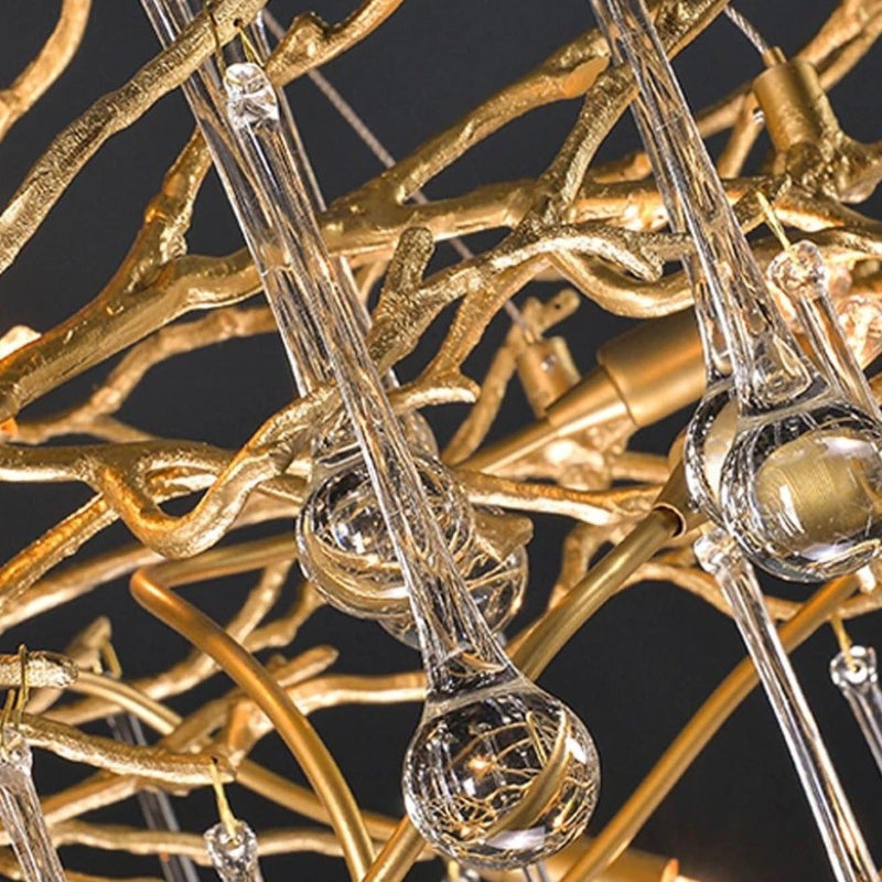 Brass gold branch chandelier, hand-forged tree design with K9 water drop crystals for dining room living room lighting