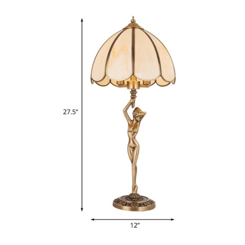 Golden art table lamp, all-copper handcrafted sculptural design with glass shade for bedroom nightstand desk lighting