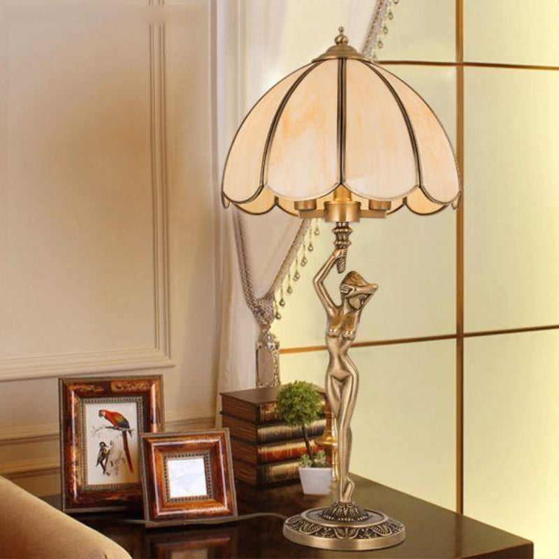 Golden art table lamp, handcrafted all-copper design with beige glass shade for nightstand desk living room lighting