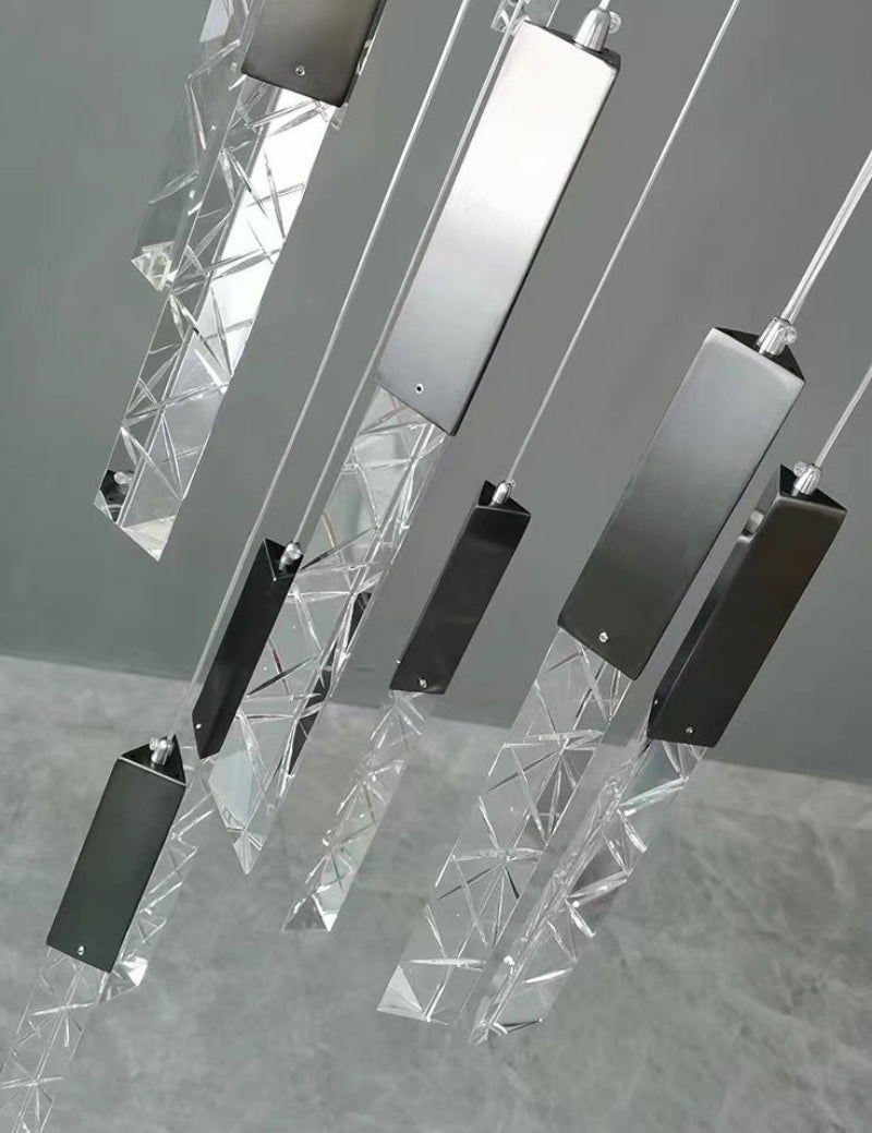 Black modern LED linear K9 crystal rod chandelier, cascading design for staircase foyer entryway high ceiling