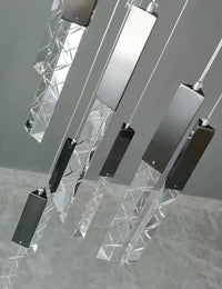 Thumbnail for Black modern LED linear K9 crystal rod chandelier, cascading design for staircase foyer entryway high ceiling