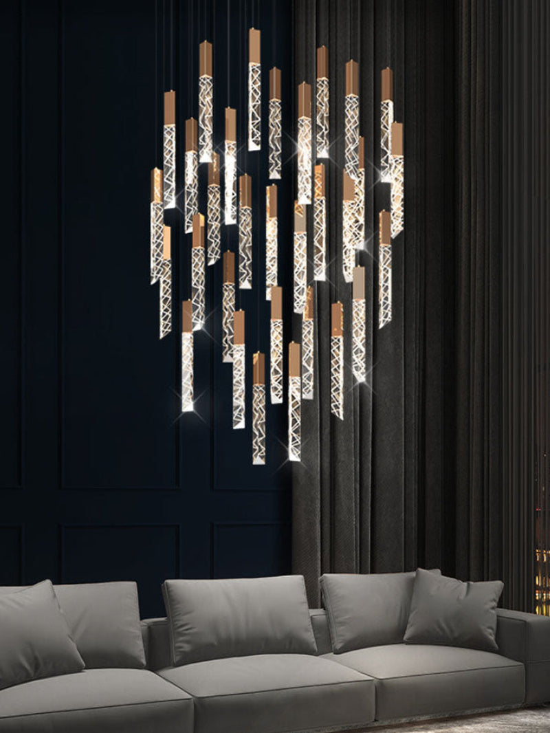 Gold LED linear K9 crystal chandelier, featuring a waterfall design, suitable for dining rooms, entrance halls, and spaces with high ceilings.
