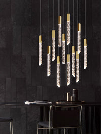 Thumbnail for Modern gold LED linear K9 crystal chandelier for foyer, rod design for staircase entryway two-story high ceiling