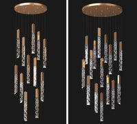 Thumbnail for Gold LED linear K9 crystal rod chandelier, cascading design for dining room foyer staircase entryway high ceiling