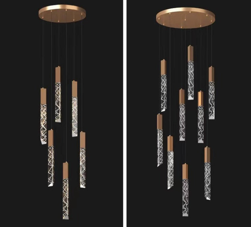 Gold LED linear K9 crystal chandelier with a waterfall design, suitable for stairwells, foyers, entryways, and spaces with high ceilings. UL certified and equipped with a smart plug-in system for safety and reliability.
