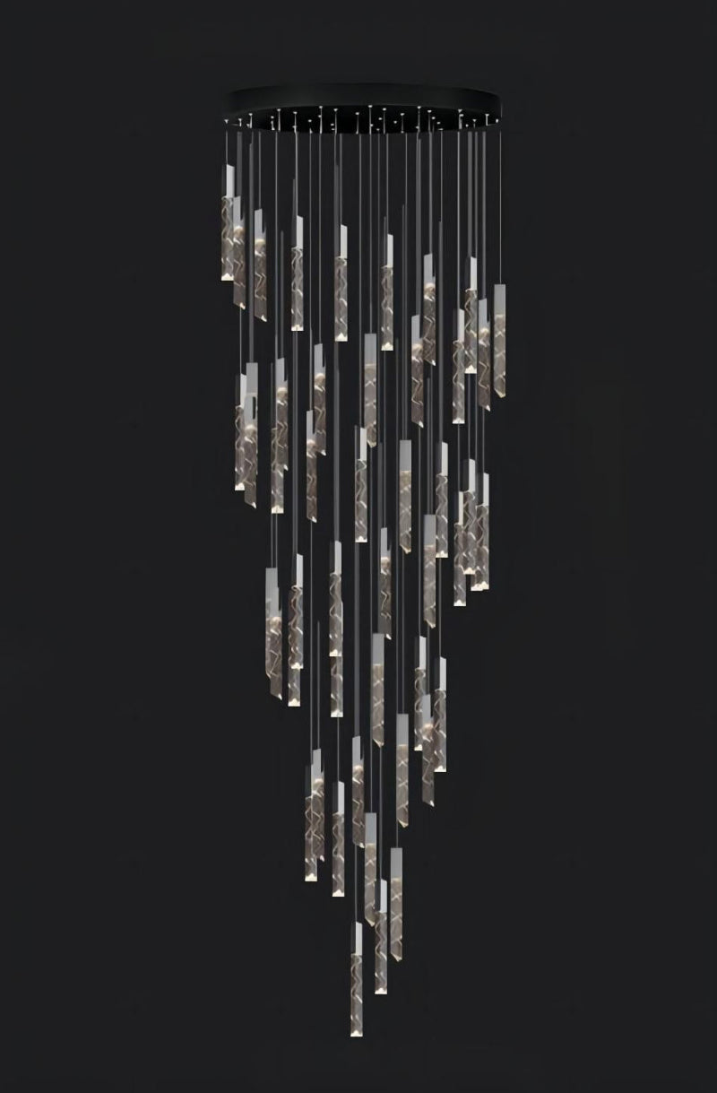 Black LED linear K9 crystal chandelier, featuring a layered design, suitable for dining rooms, foyers, stairwells, and spaces with high ceilings. Spiral design, UL certified.