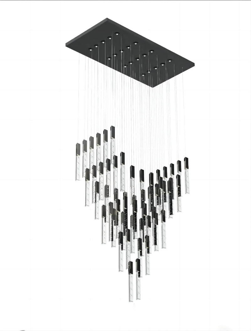 Black LED linear K9 crystal chandelier with a waterfall design, suitable for dining rooms, foyers, staircases, and spaces with high ceilings.
