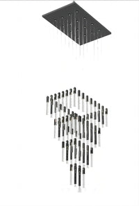 Thumbnail for Black LED linear chandelier with K9 crystal rods in a cascading design, suitable for dining rooms, foyers, stairwells, and spaces with high ceilings. UL certified, with adjustable suspension wires.