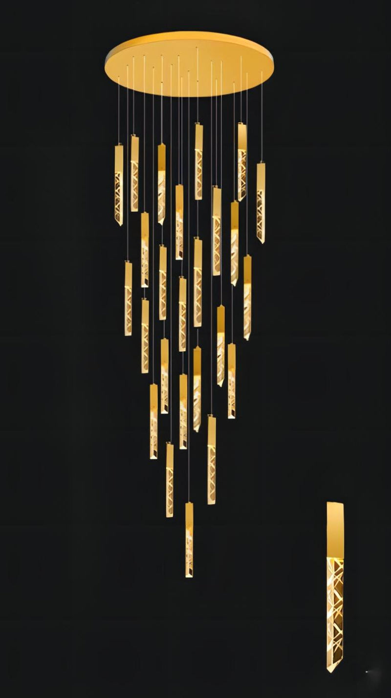 Gold LED linear K9 crystal chandelier for sale, featuring a rod design, suitable for restaurants, foyers, stairwells, entryways, and spaces with high ceilings.  The crystals are arranged randomly, and the suspension wires are adjustable.