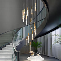 Thumbnail for Gold LED linear K9 crystal chandelier with a waterfall design, suitable for high-ceiling spaces such as foyers and stairwells.