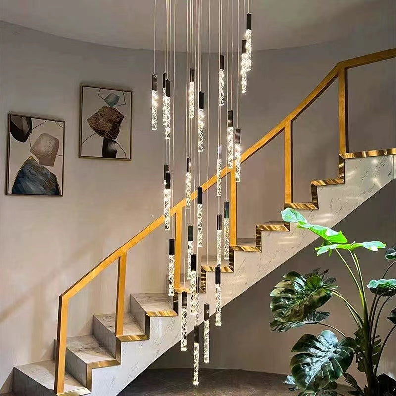Modern black LED linear K9 crystal rod chandelier lighting, cascading design for staircase foyer high ceiling