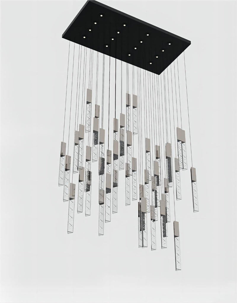 Modern black LED linear K9 crystal chandelier with a waterfall design, suitable for dining rooms, foyers, and spaces with high ceilings. UL certified, with adjustable suspension wires.