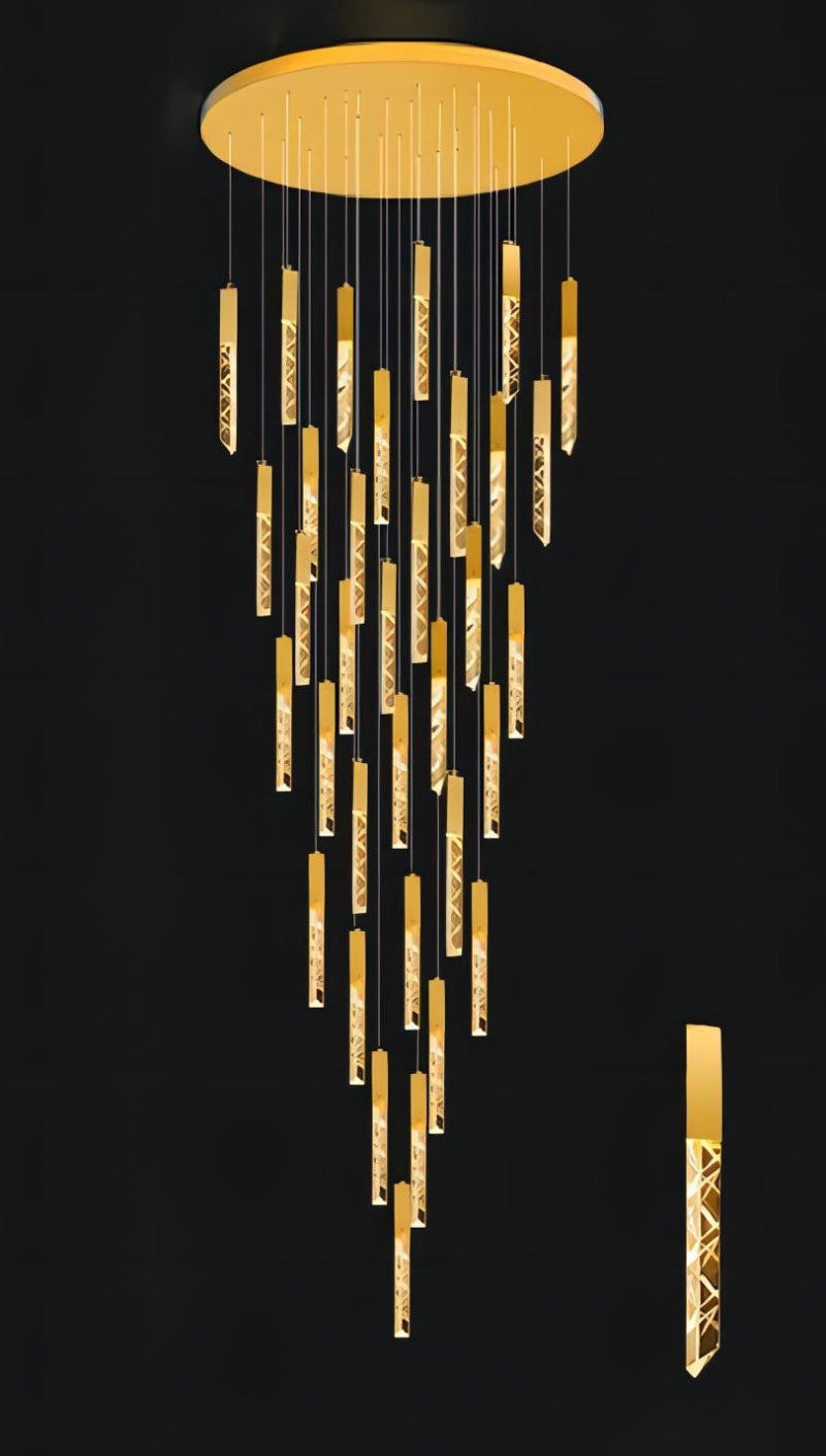 UL-certified gold LED linear K9 crystal chandelier with layered design and random arrangement for dining room foyer staircase high ceiling