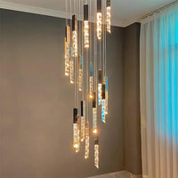 Thumbnail for Black LED linear K9 crystal chandelier with spiral rod arrangement and adjustable suspension for dining room foyer stairwell high ceiling
