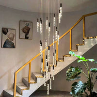 Thumbnail for Modern black LED linear K9 crystal rod chandelier with cascading design creating sophisticated lighting for staircase foyer high ceiling