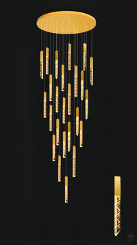 Thumbnail for Gold LED linear K9 crystal chandelier with random rod arrangement creating artistic lighting for restaurant foyer stairwell entryway high ceiling