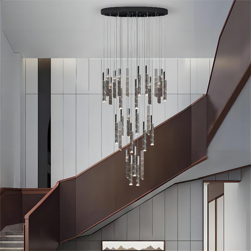 LED linear pendant crystal chandelier with K9 crystal rods in black finish creating dramatic lighting for stairwell foyer double-height ceiling