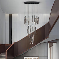 Thumbnail for LED linear pendant crystal chandelier with K9 crystal rods in black finish creating dramatic lighting for stairwell foyer double-height ceiling