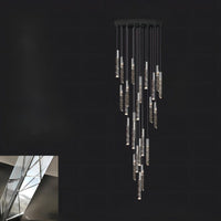 Thumbnail for Black LED linear K9 crystal light fixture with rod design creating dramatic lighting for staircase foyer entryway two-story high ceiling