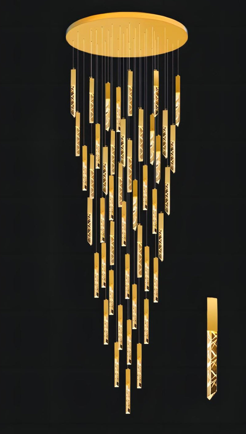 UL-certified gold LED linear K9 crystal chandelier with rod design and adjustable cables for dining room foyer stairwell double-height ceiling