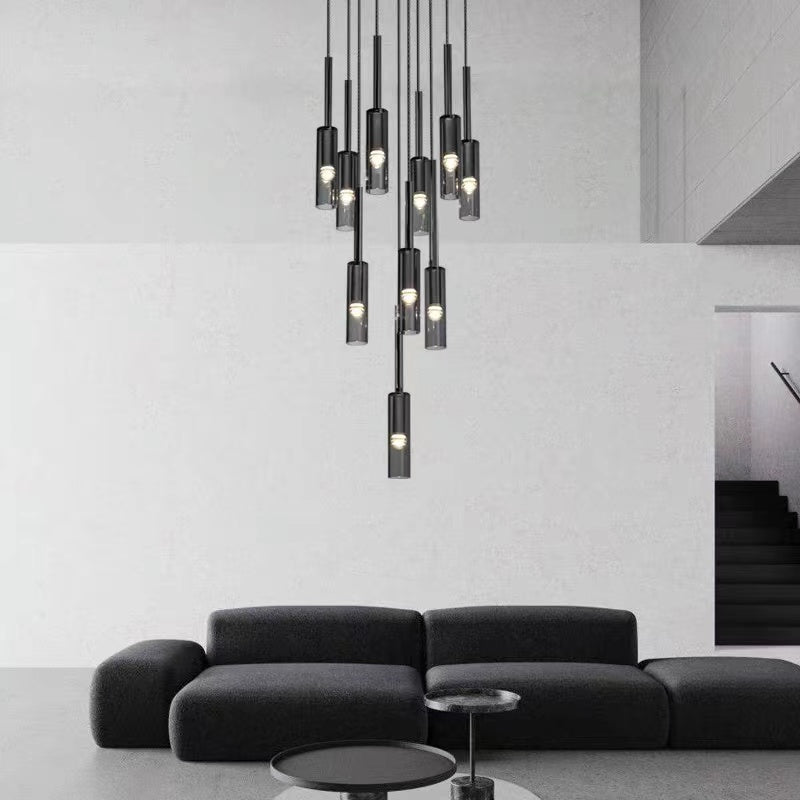 Black modern chandelier with linear wire pendant and Italian copper creating minimalist lighting for dining room contemporary space