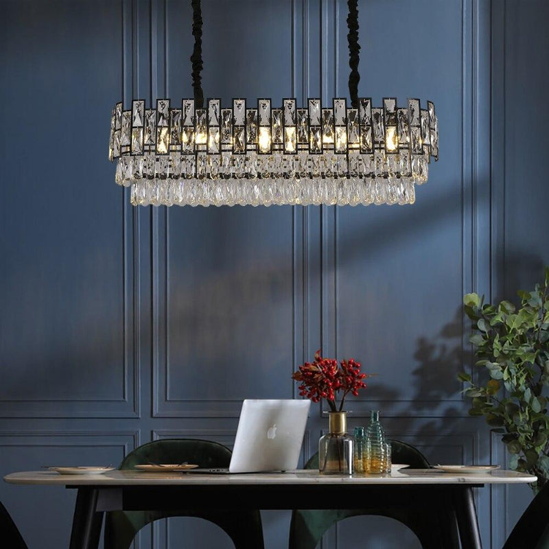 Mimis' Roundup linear chandelier with elegant K9 crystals creating luxurious edge for modern dining room kitchen island lighting