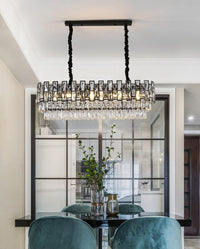 Thumbnail for Mimis' Roundup K9 crystal chandelier with linear design creating refined elegance for sophisticated dining room living room