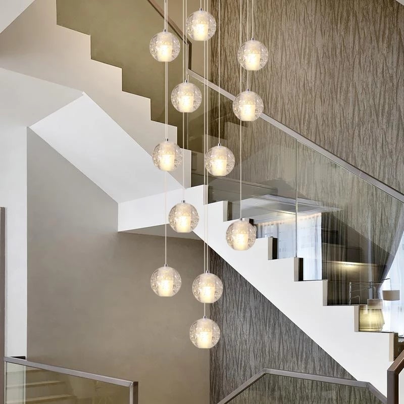 Modern chrome bubble chandelier, dimmable LED floating orbs for staircase foyer entryway contemporary interior