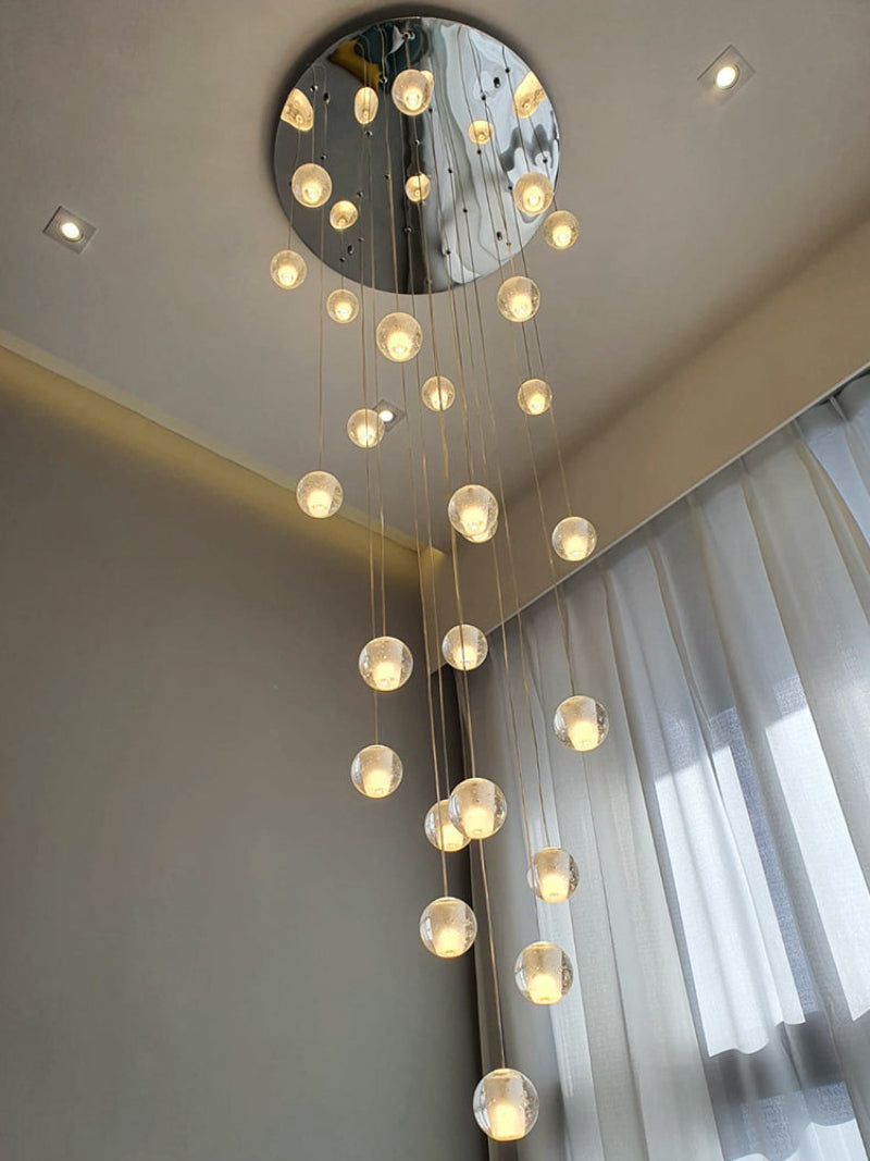 Chrome bubbles crystal chandelier, dimmable LED floating orbs for staircase foyer entryway two-story high ceiling