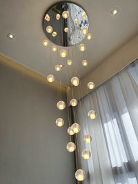 Thumbnail for Chrome bubbles crystal chandelier, dimmable LED floating orbs for staircase foyer entryway two-story high ceiling