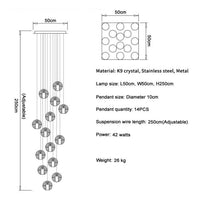Thumbnail for 14-light chrome bubble crystal pendant with dimmable LED floating orbs creating elegant staircase foyer entryway two-story ceiling lighting