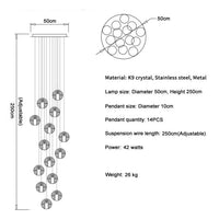 Thumbnail for 14-light chrome bubble crystal chandelier with dimmable LED floating orbs for staircase foyer entryway two-story high ceiling installation