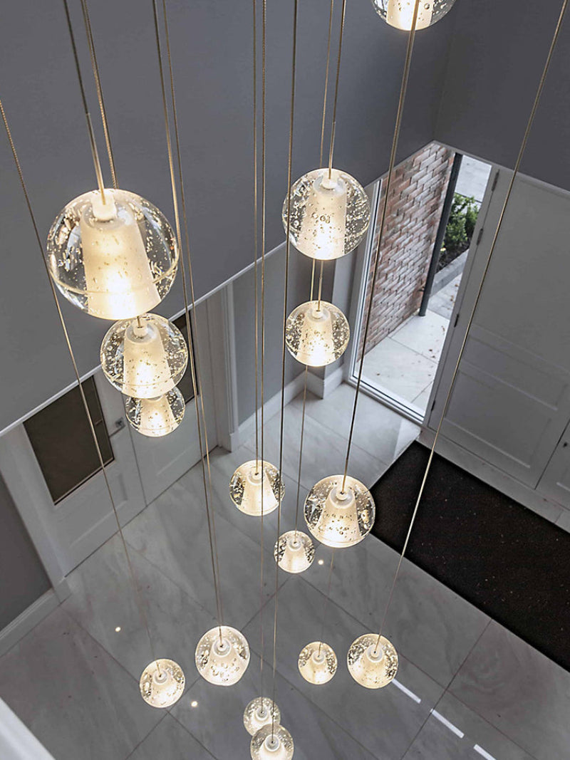 UL-certified chrome bubble crystal chandelier with dimmable LED floating orbs and premium K9 crystals for stairwell foyer high ceiling
