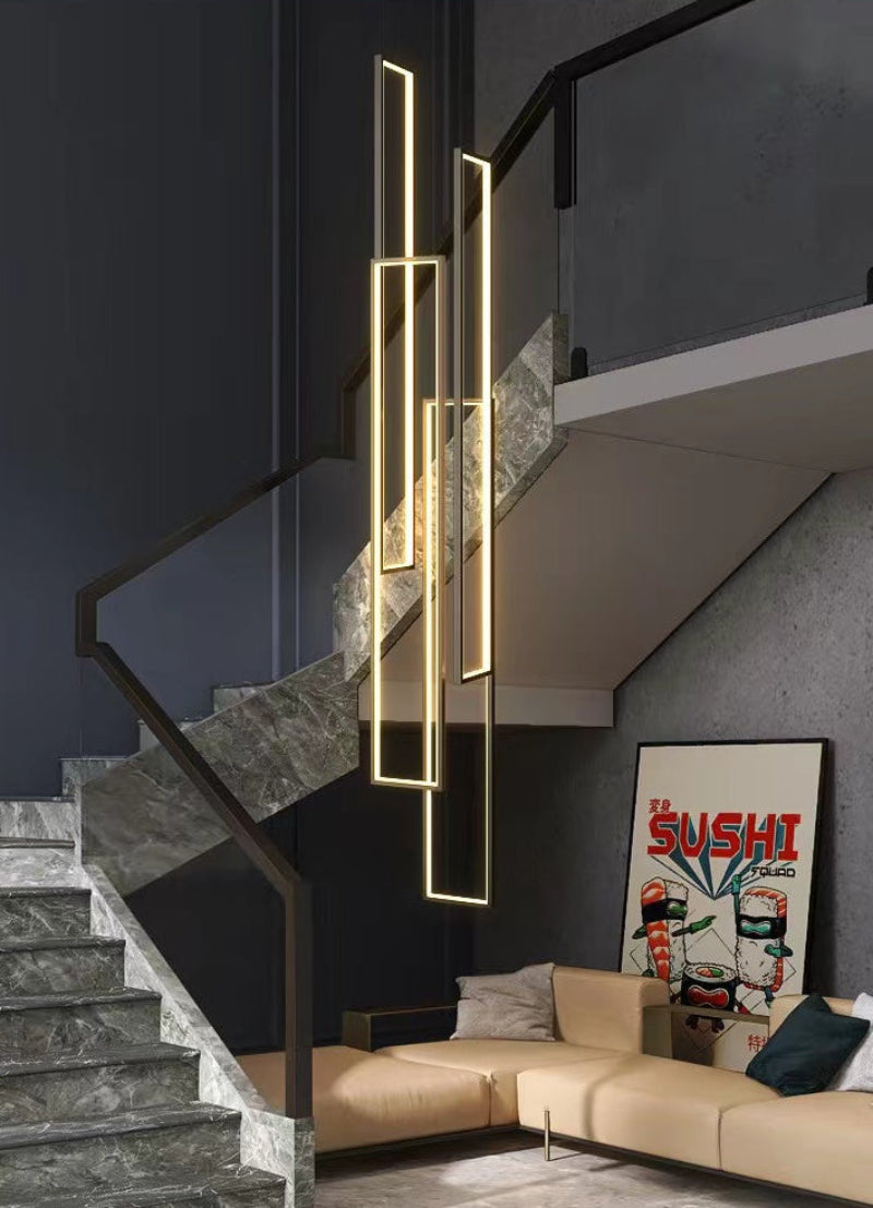 Black 4-light square aluminum pendant chandelier, dimmable LED UL certified for staircase foyer entryway